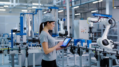 Female engineer controlling industrial robot with tablet in modern factory setting