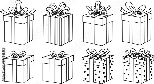 Gift box line art illustration set, wrapped present boxes with ribbon bows, celebration packaging design isolated