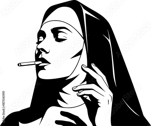 Black and White Nun Smoking Vector Line Art