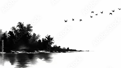 Serene watercolor landscape painting of a tranquil lakeside with trees and birds in flight, evoking a sense of peace and natural beauty