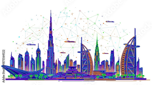 Dubai cityscape with futuristic neon lights and skyscrapers.