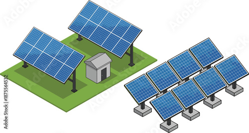 Isometric solar panel farm illustration with photovoltaic arrays and control unit for renewable energy production and sustainable power generation