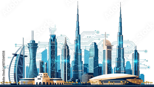 Dubai cityscape with futuristic skyscrapers and landmarks.