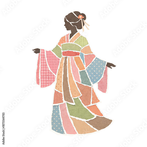 Woman wearing colorful patchwork kimono silhouette paper collage