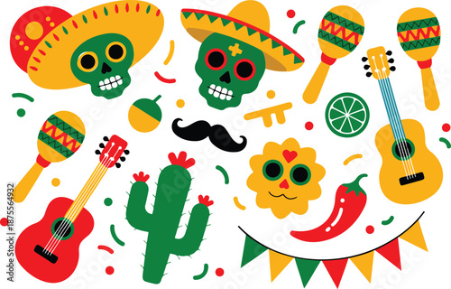 “Cinco de Mayo Mexican Fiesta Icon Set with Guitar, Sombrero and Cactus Cartoon Vector Stickers”