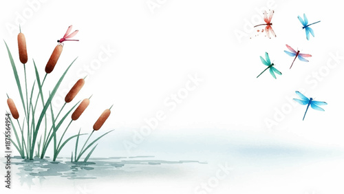Gentle watercolor illustration of cattails and dragonflies dancing in a serene aquatic landscape