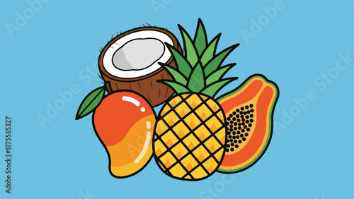 Tropical Fruit Illustration Set with Coconut, Pineapple, Mango, and Papaya on Blue Background