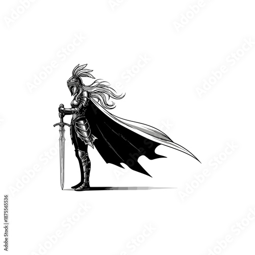Valiant Knight in Full Armor with Sword and Flowing Cape.