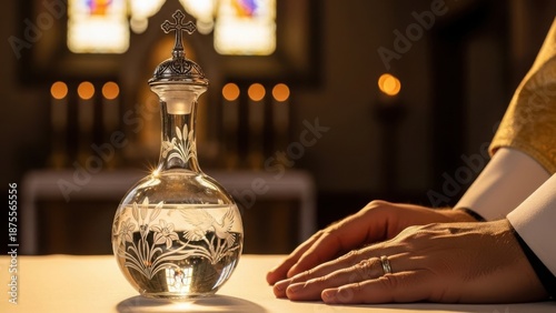 Clear glass cruet with holy water on an altar in a church. Priest's hands during a religious ceremony. Christian sacrament and worship concept