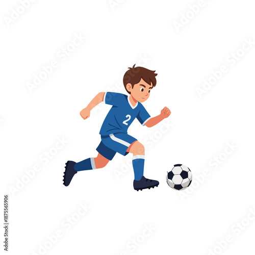 Young boy in blue uniform playing soccer with a ball.