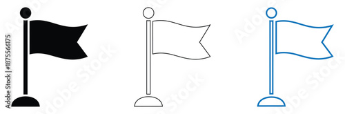 Flags on poles in black, line, and blue outlines waving freely