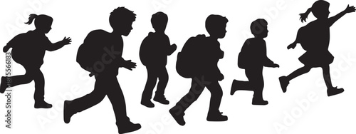 Silhouettes of children running and walking in a line