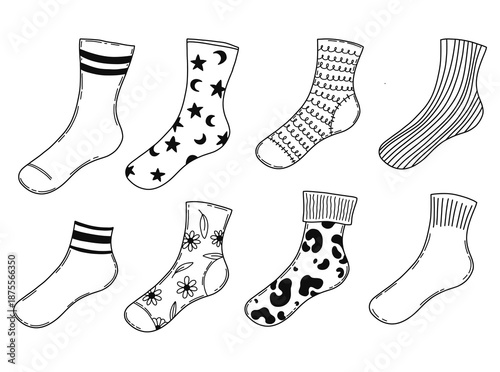 doodle style set of black and white socks with various patterns and designs. socks are arranged in row, with some having stripes and others having flowers or stars. casual and comfortable collection