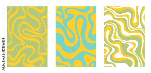 set of three vintage abstract backgrounds in vibrant disco style with wavy green, yellow and blue lines. fun, cheerful and rhythmic mood with retro aesthetics