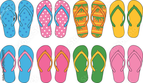 Summer Flip Flop Vector Set  Beach Sandal Cartoon Rubber Footwear