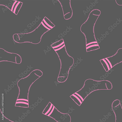 seamless pattern doodle style of socks with stripes and pink and grey colors. socks are scattered all over image