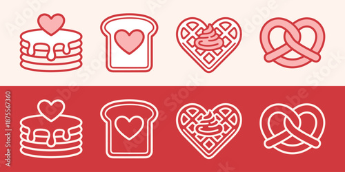 Heart shaped food valentines day brunch breakfast galentines bachelorette party treats outline drawing. Red pink girly coquette aesthetic cute pancakes waffle toast illustration sticker bundle pack.