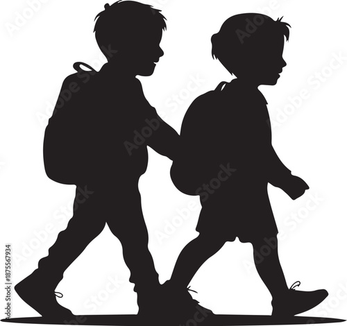 Two children walking with backpacks silhouette black