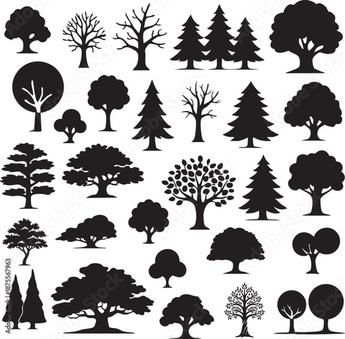 Collection of various black tree silhouettes isolated on bright white background
