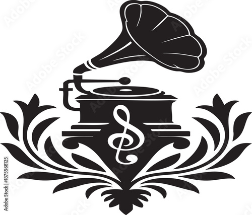 Stylized black illustration of vintage gramophone surrounded by intricate floral decorations and treble clef on a light background symbolizing classic music and heritage.