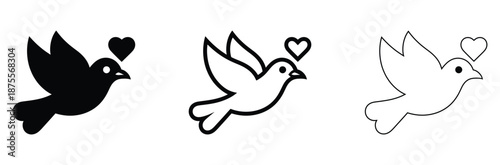 Set of three dove icons with hearts for love and peace concepts
