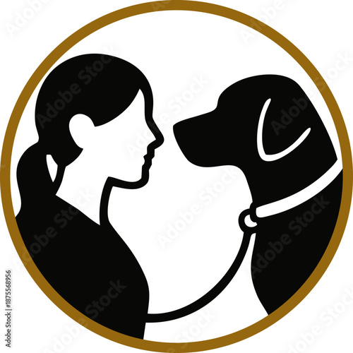 ILLUSTRATION of a woman with her dog in a circle, the bond between humans and pets,