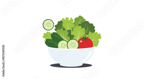 Fresh and healthy green salad with lettuce leaves sliced cucumbers and a whole red tomato in a white bowl vector illustration.