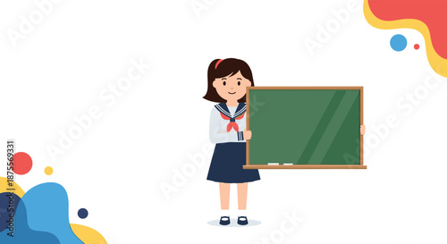 Smiling Japanese schoolgirl in a sailor uniform holding a blank green chalkboard with space for text for educational presentations.
