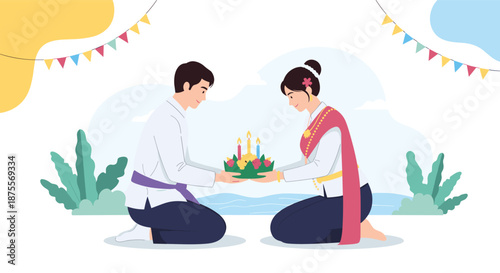 Thai couple in beautiful traditional costumes celebrating the Loy Krathong festival by floating a decorated krathong on water.