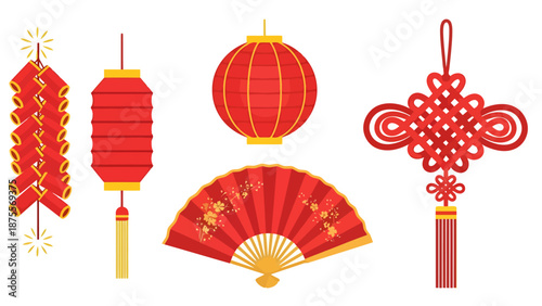 Traditional Chinese Festive Decorations Including Firecrackers Lanterns Decorative Fan And Knot For Celebration And Prosperity