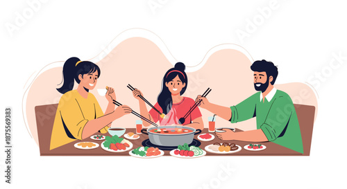 Happy family with a father mother and daughter enjoying a delicious hot pot meal together at a dining table illustration.