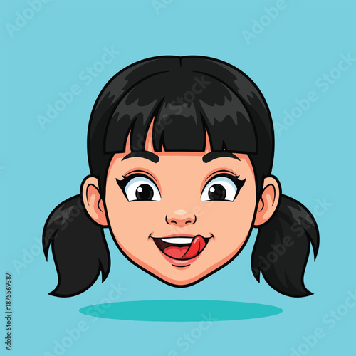 Cute cartoon girl with pigtails and a playful expression sticking out her tongue.