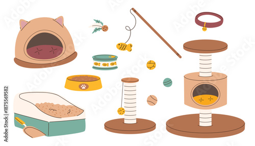 Cute cat furniture, toys and accessories cartoon illustration set