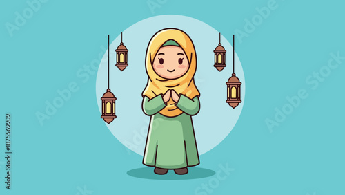 Cute Muslim Girl Wearing Hijab and Traditional Dress with Lanterns.