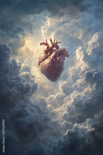 heart of god in heavenly clouds in the sky, oil painting, epic, anatomical, organic, love, passion, romance, romantic, portrait format, illustrated