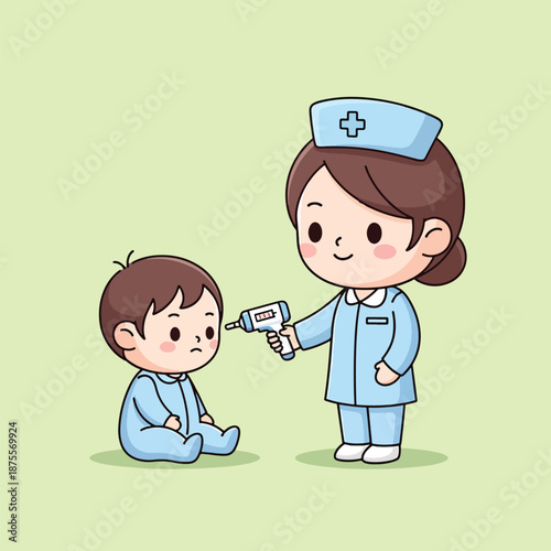 Cute Nurse Measuring Babys Temperature with Thermometer.
