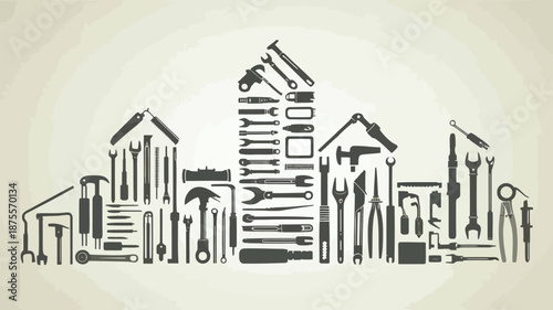 Collection of various tools arranged in house shapes