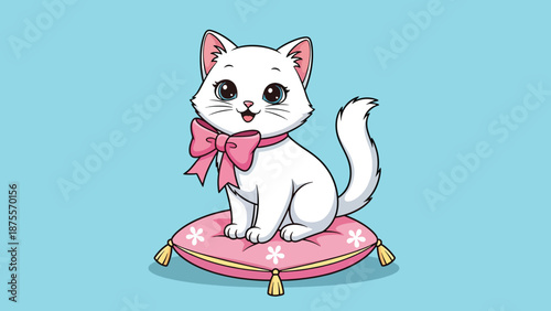 Cute White Kitten with Pink Bow Sitting.