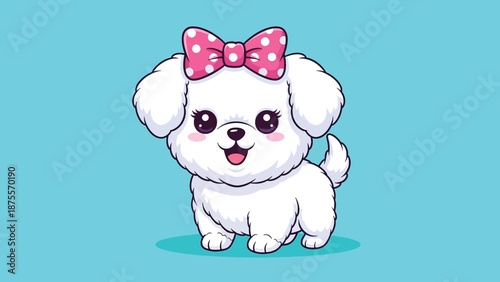 Cute white puppy with a pink bow on a blue background.