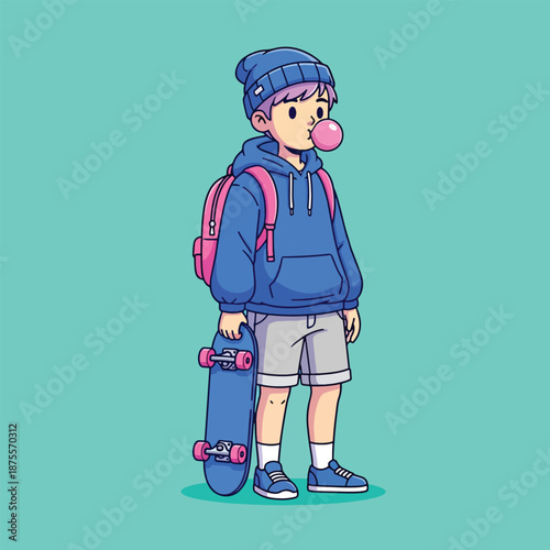 Illustration of a young person with a skateboard and bubblegum.