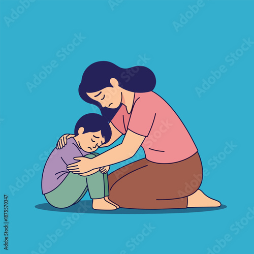 Mother comforting her sad child.