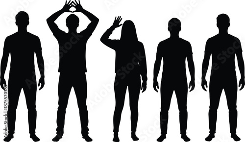 Standing people silhouette set showing men and woman with hand gestures isolated on white background casual lifestyle vector illustration