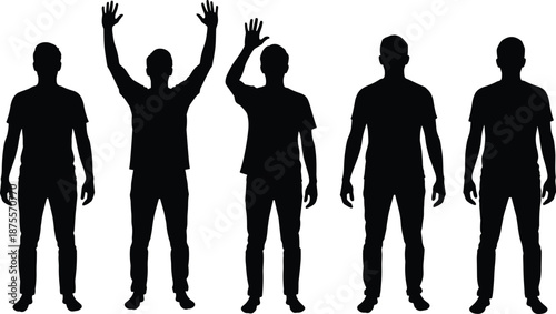 Standing men silhouette set showing raised hands waving greeting gestures isolated on white background modern people vector illustration