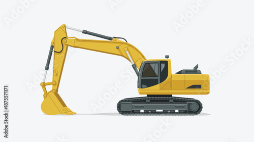 Yellow excavator machine with black tracks and bucket