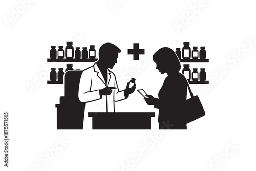 Pharmacist helping customer with medicine at drug store - Pharmacy silhouette with doctor and patient at counter