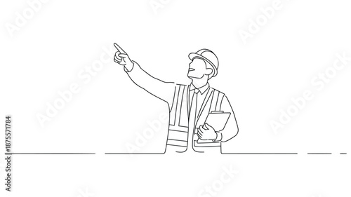 Construction worker pointing at a project plan with a clipboard