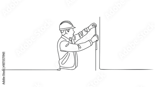 Construction worker measuring wall with tape