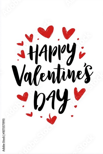 Happy Valentine's Day handwritten lettering with red hearts. Calligraphy greeting card design for February 14th celebration