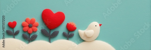 Cute white bird, red hearts, and flowers made of felt. Craft composition on light blue background for Valentine's Day or love concept