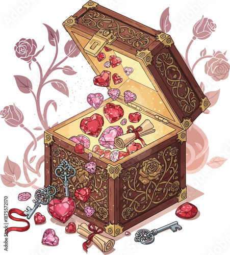 Open treasure chest with jewels isolated on transparent background
